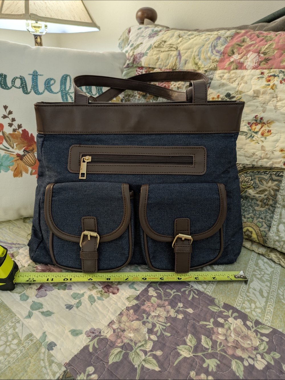 Navy Blue Tote with Brown Trim